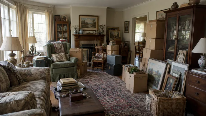 Emptied living room with hardwood floors after an estate cleanout, boxes stacked by the door